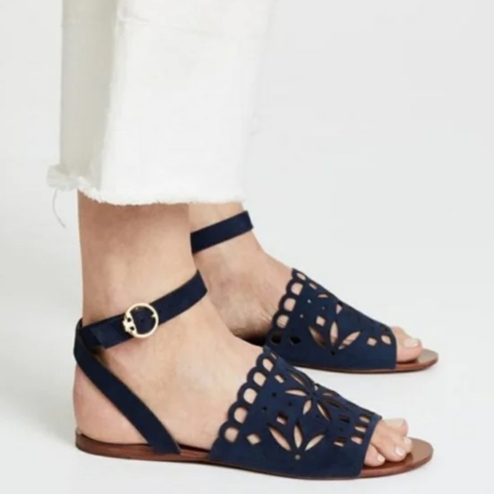 Tory Burch May Perforated Navy Open Toe Suede Ankle Strap Sandals Sz 5.5 Coastal